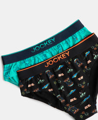 Super Combed Cotton Elastane Stretch Printed Brief with Ultrasoft Waistband - Black & Billiard Green (Pack of 2)
