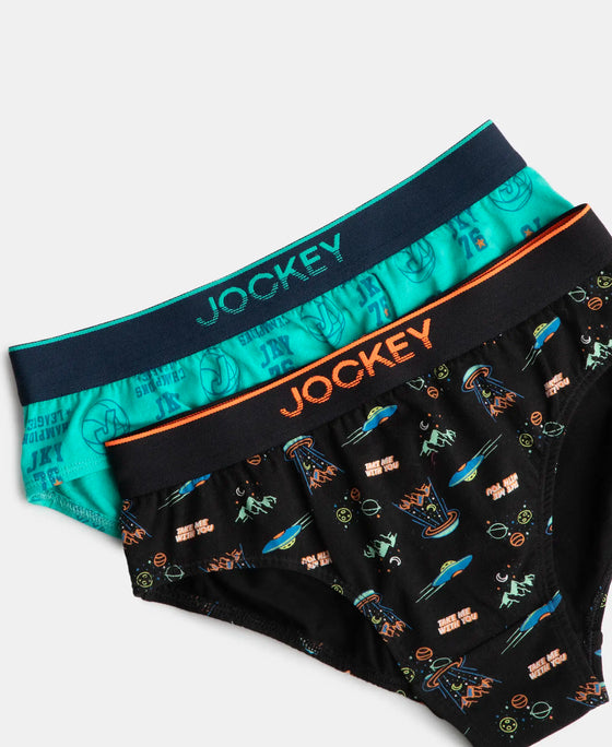 Super Combed Cotton Elastane Stretch Printed Brief with Ultrasoft Waistband - Black & Billiard Green (Pack of 2)