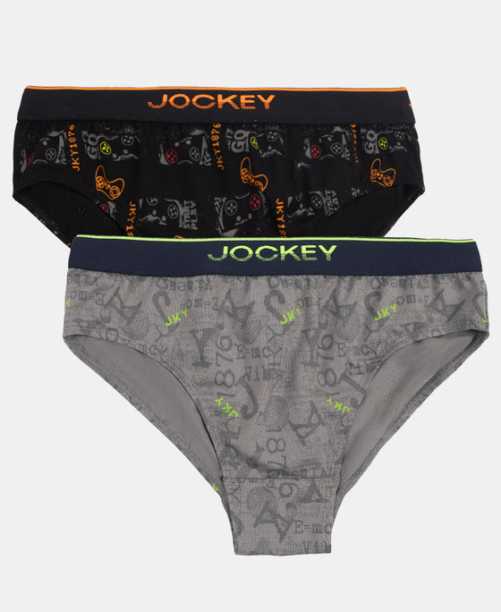 Super Combed Cotton Elastane Stretch Printed Brief with Ultrasoft Waistband - Grey & Black (Pack of 2)