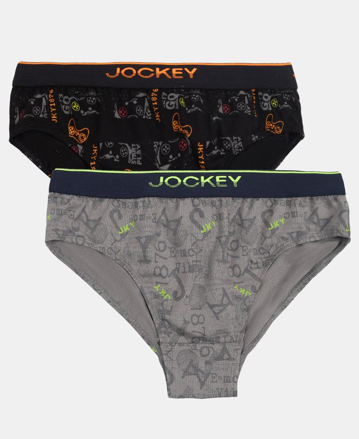 Super Combed Cotton Elastane Stretch Printed Brief with Ultrasoft Waistband - Grey & Black (Pack of 2)
