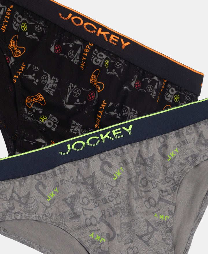 Super Combed Cotton Elastane Stretch Printed Brief with Ultrasoft Waistband - Grey & Black (Pack of 2)