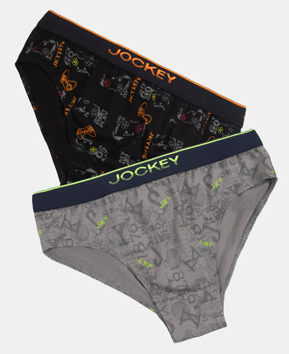 Super Combed Cotton Elastane Stretch Printed Brief with Ultrasoft Waistband - Grey & Black (Pack of 2)