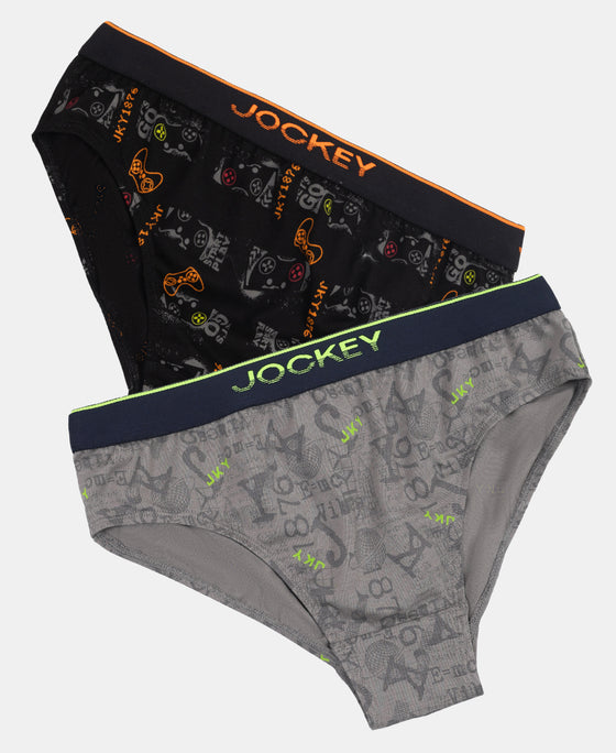 Super Combed Cotton Elastane Stretch Printed Brief with Ultrasoft Waistband - Grey & Black (Pack of 2)