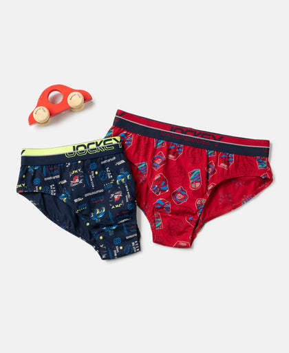 Super Combed Cotton Elastane Stretch Printed Brief with Ultrasoft Waistband - Navy & Chilli Pepper (Pack of 2)
