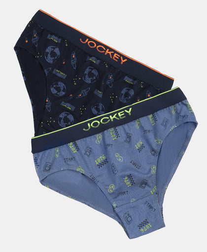 Super Combed Cotton Elastane Stretch Printed Brief with Ultrasoft Waistband - Navy & Frost (Pack of 2)