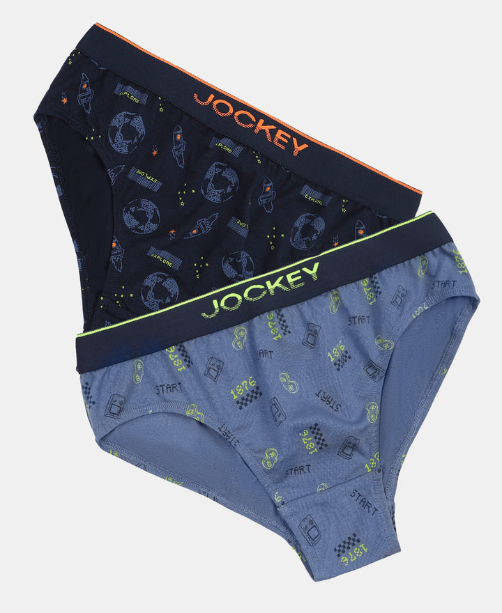 Super Combed Cotton Elastane Stretch Printed Brief with Ultrasoft Waistband - Navy & Frost (Pack of 2)