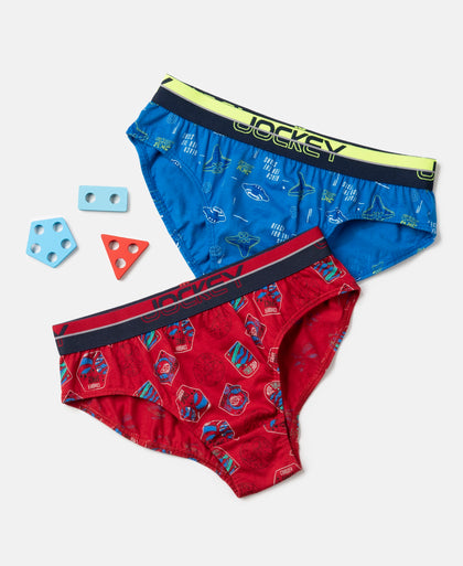Super Combed Cotton Elastane Stretch Printed Brief with Ultrasoft Waistband - Rich Royal Blue & Chilli Pepper (Pack of 2)