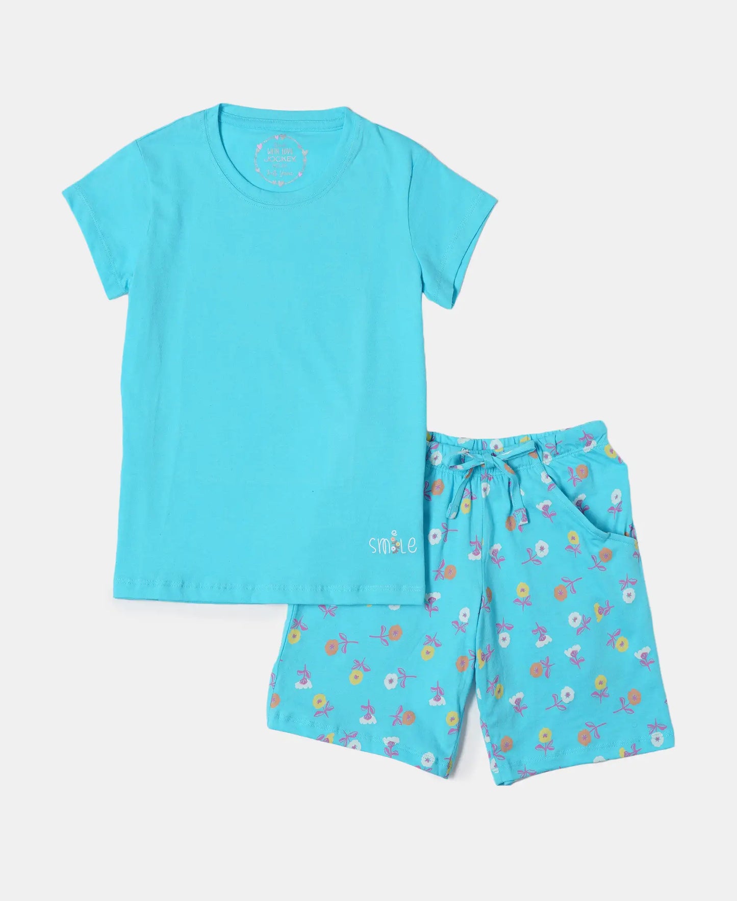 Super Combed Cotton Short Sleeve T-Shirt and Printed Shorts Set - Blue Curacao