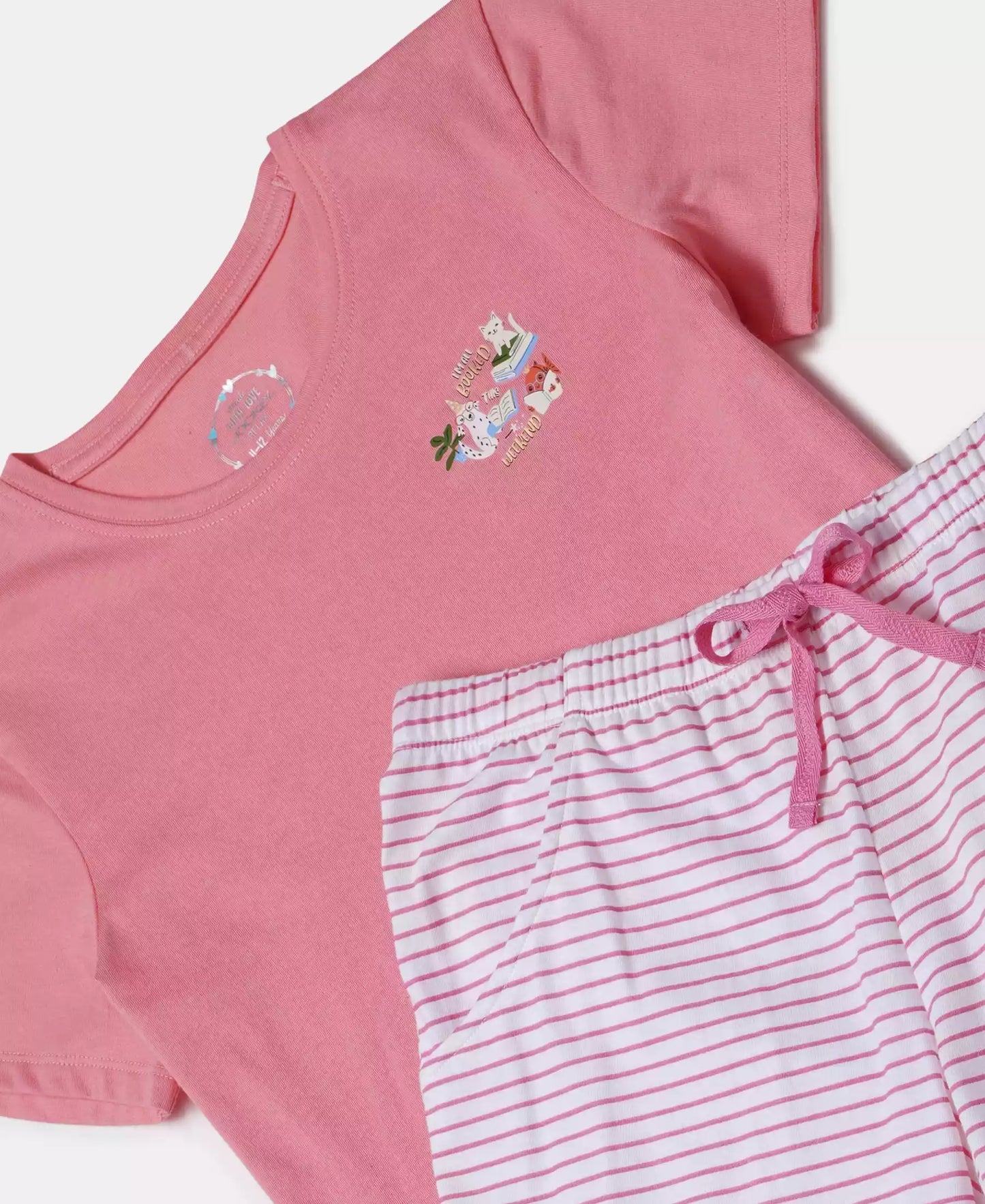 Super Combed Cotton Short Sleeve T-Shirt and Printed Shorts Set - White-Flamingo Pink
