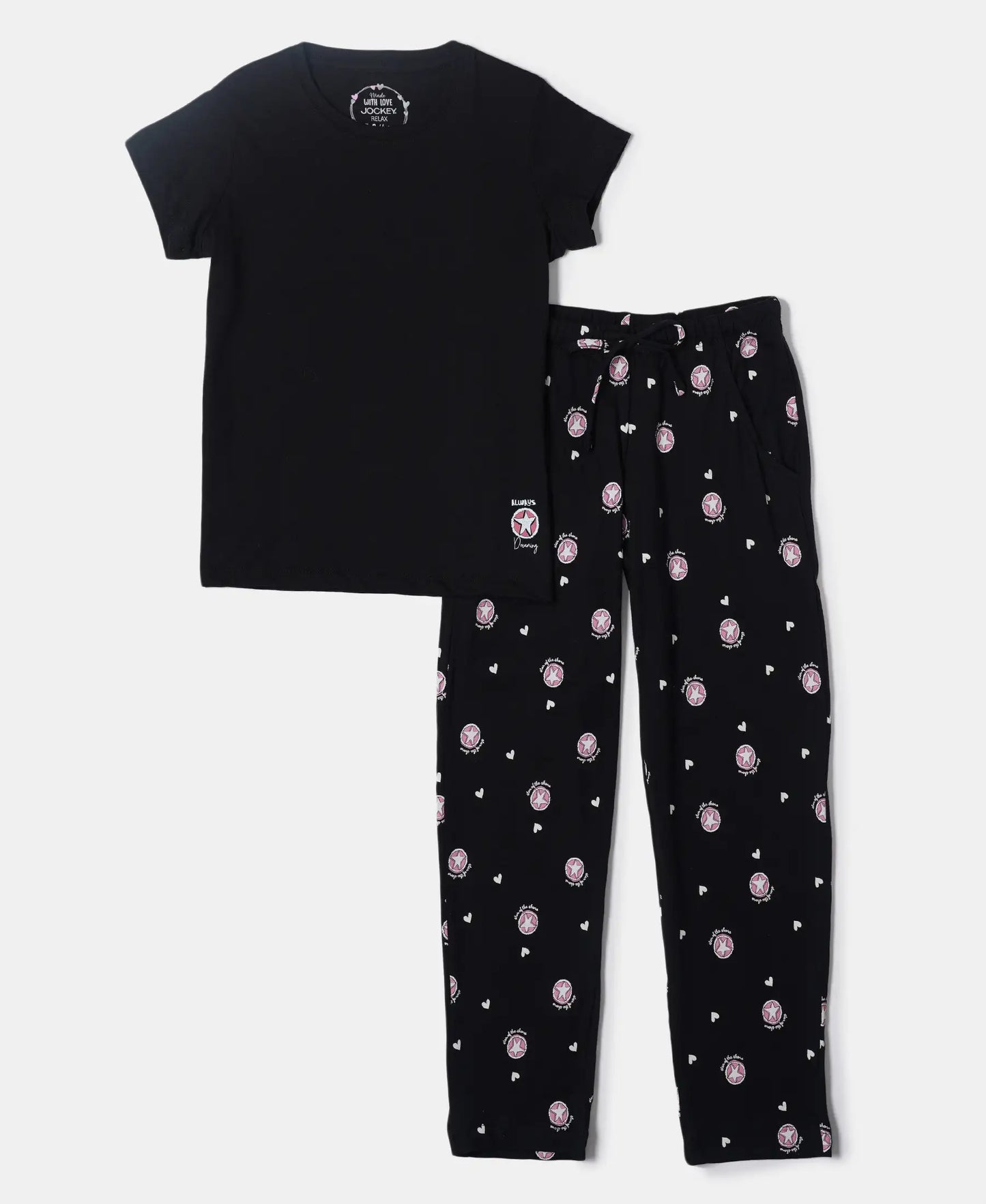 Super Combed Cotton Short Sleeve T-Shirt and Printed Pyjama Set - Black