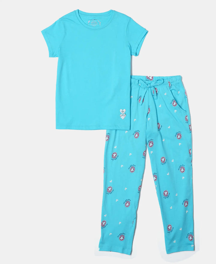 Super Combed Cotton Short Sleeve T-Shirt and Printed Pyjama Set - Blue Curacao