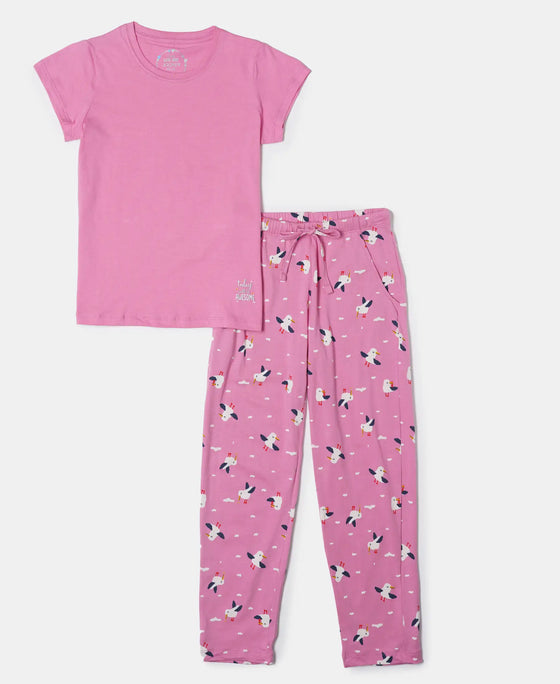 Super Combed Cotton Short Sleeve T-Shirt and Printed Pyjama Set - Wild Orchid
