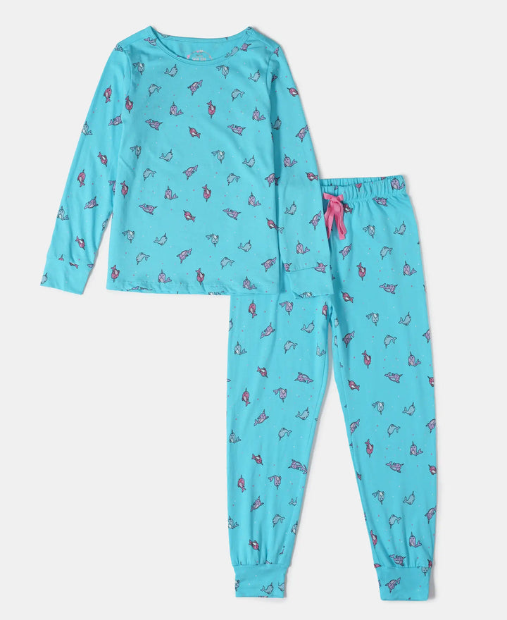 Girl's Super Combed Cotton Printed Full Sleeve T-Shirt and Pyjama Set - Blue Radiance AOP