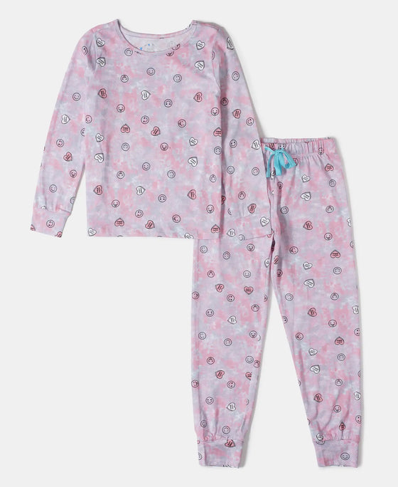 Super Combed Cotton Printed Full Sleeve T-Shirt and Pyjama Set - Flamingo Pink AOP