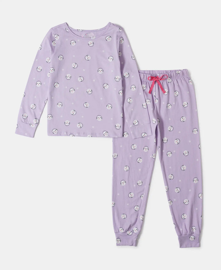 Super Combed Cotton Printed Full Sleeve T-Shirt and Pyjama Set - Lavendula