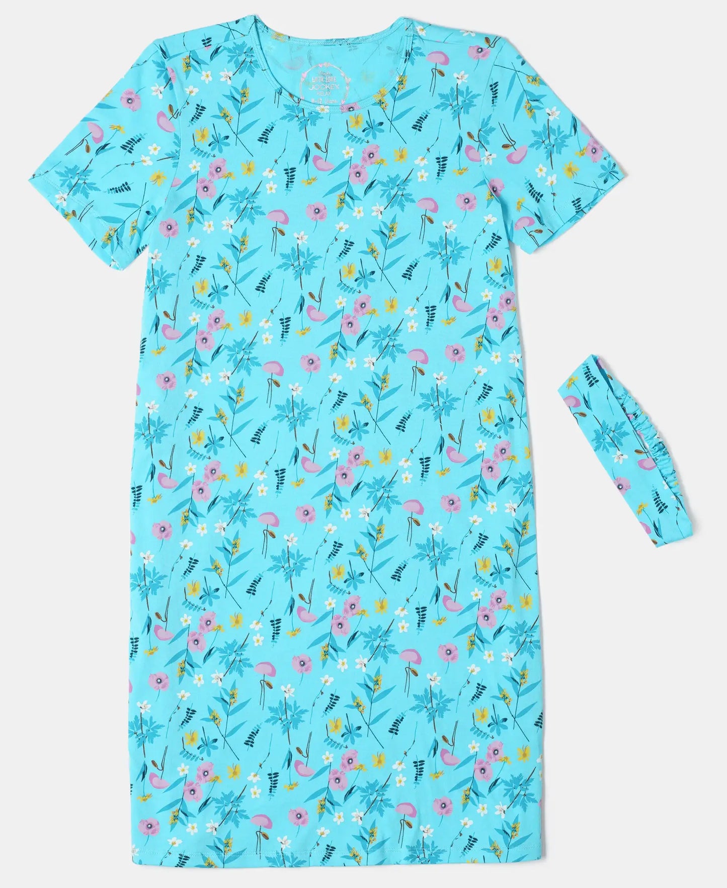 Super Combed Cotton Printed Dress with Matching Headband - Blue Curacao Printed