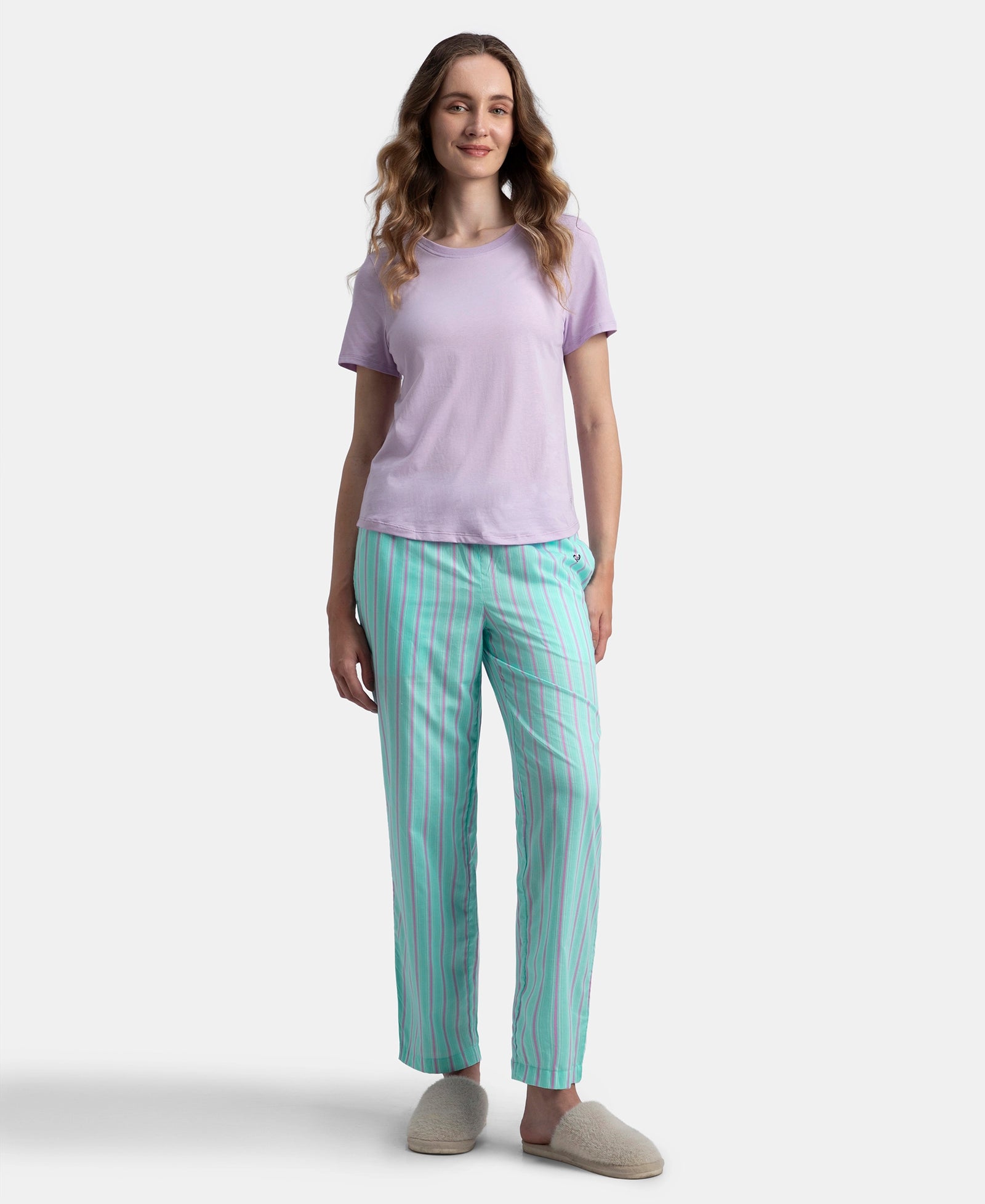 Super Combed Cotton Woven Fabric Relaxed Fit Striped Pyjama with Side Pockets - Aqua Sky