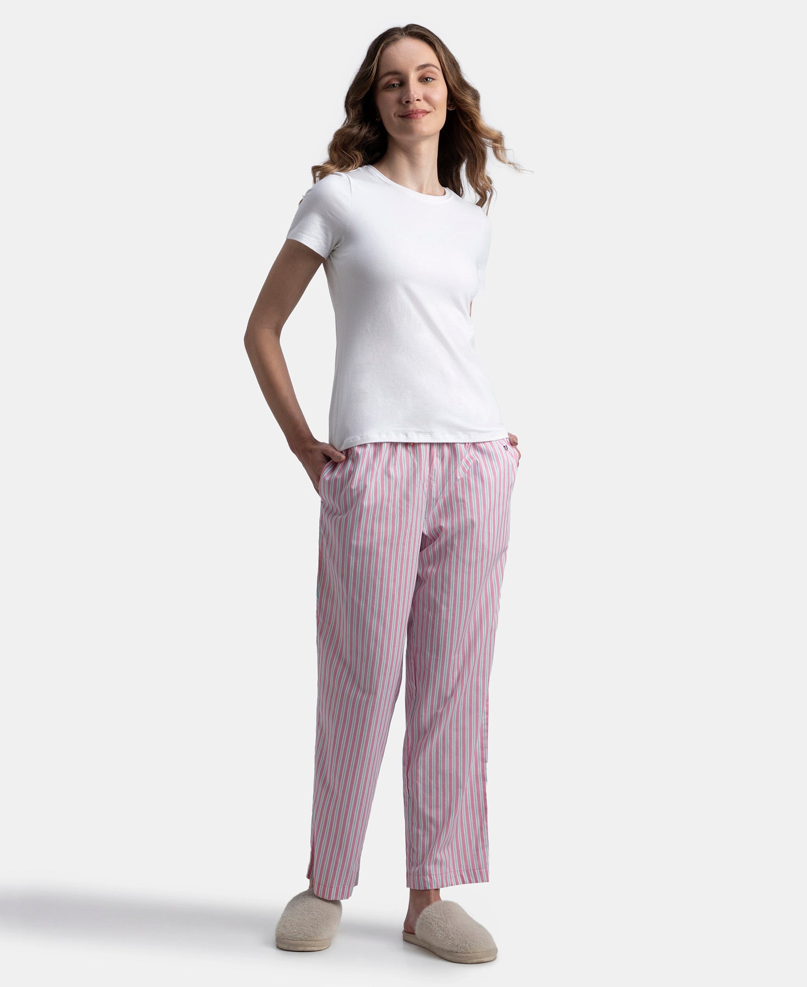 Super Combed Cotton Woven Fabric Relaxed Fit Striped Pyjama with Side Pockets - Cashmere Rose