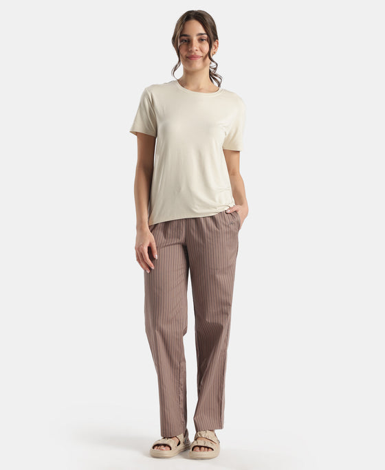 Super Combed Cotton Woven Fabric Relaxed Fit Striped Pyjama with Side Pockets - Deep Taupe