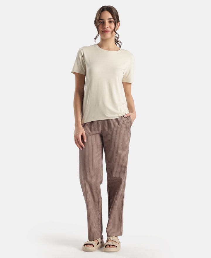 Super Combed Cotton Woven Fabric Relaxed Fit Striped Pyjama with Side Pockets - Deep Taupe