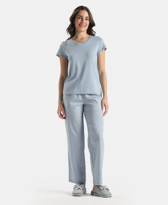 Super Combed Cotton Woven Fabric Relaxed Fit Checkered Pyjama with Side Pockets - Soft Chambray