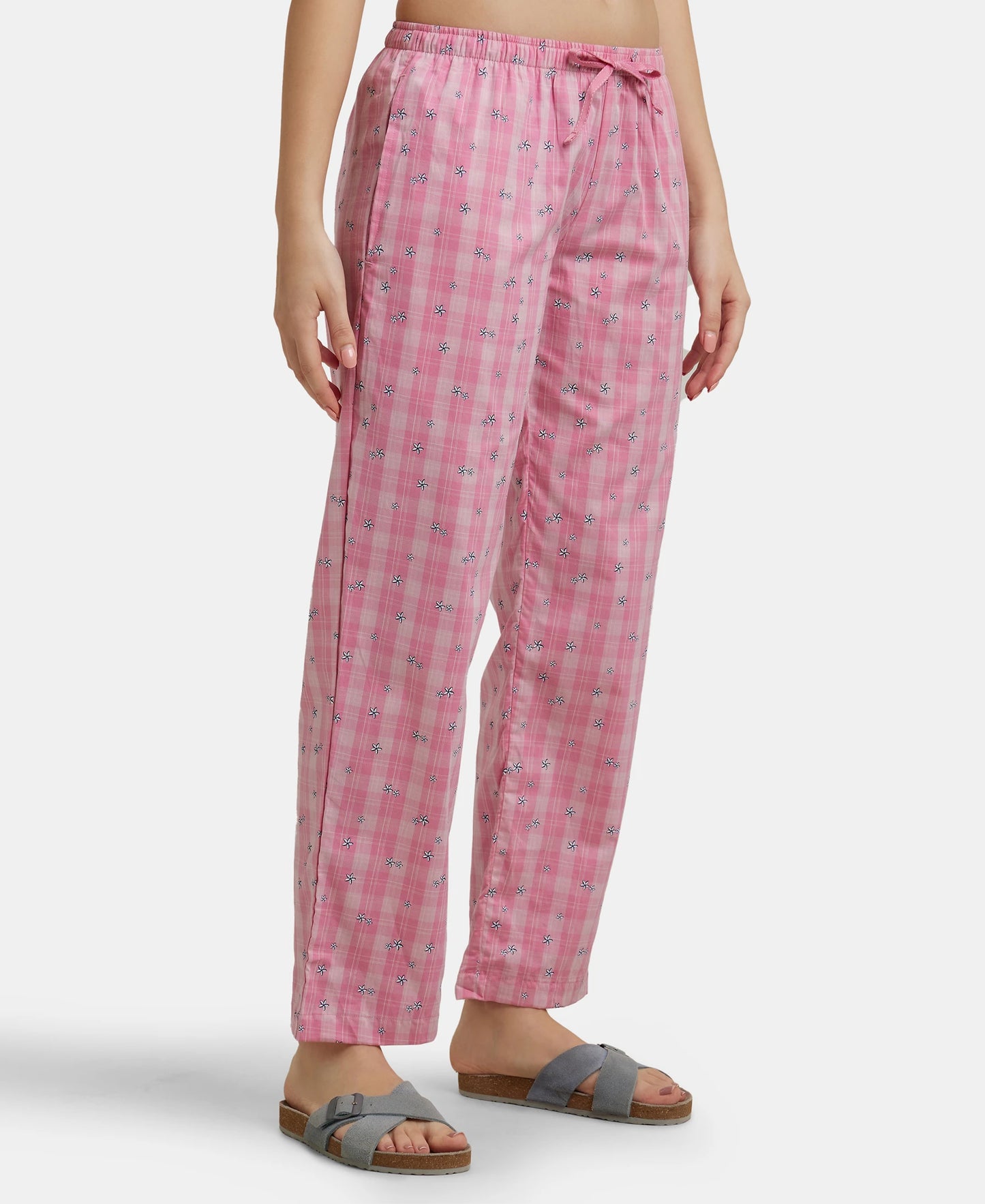 Super Combed Cotton Woven Fabric Relaxed Fit Striped Pyjama with Side Pockets - Wild Rose