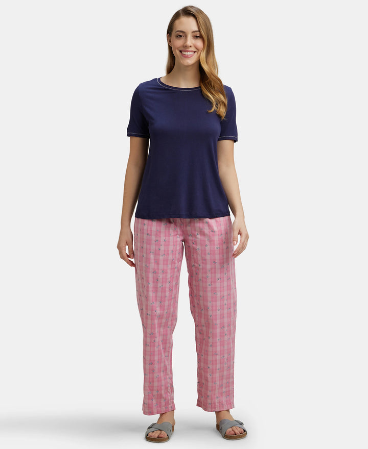 Super Combed Cotton Woven Fabric Relaxed Fit Striped Pyjama with Side Pockets - Wild Rose