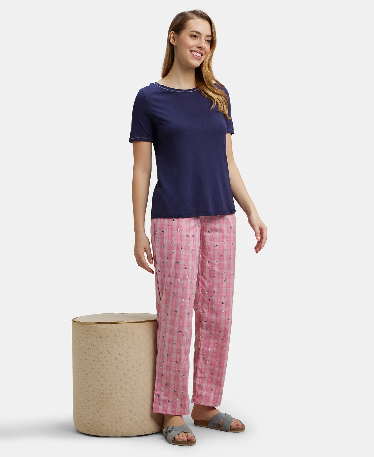 Super Combed Cotton Woven Fabric Relaxed Fit Striped Pyjama with Side Pockets - Wild Rose