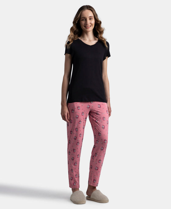 Micro Modal Cotton Relaxed Fit Printed Pyjama with Side Pockets - Cashmere Rose