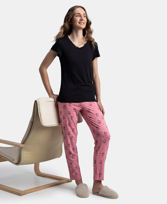 Micro Modal Cotton Relaxed Fit Printed Pyjama with Side Pockets - Cashmere Rose
