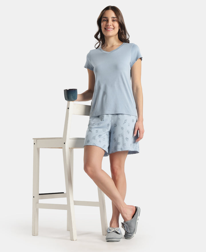 Micro Modal Cotton Relaxed Fit Printed Shorts with Side Pockets - Soft Chambray