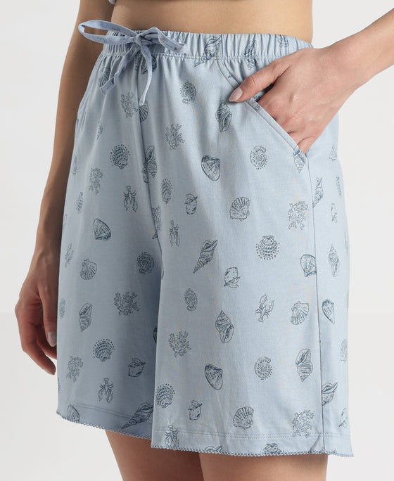 Micro Modal Cotton Relaxed Fit Printed Shorts with Side Pockets - Soft Chambray