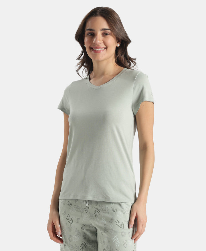 Micro Modal Cotton Relaxed Fit Solid V Neck Half Sleeve Tshirt - Aqua Gray