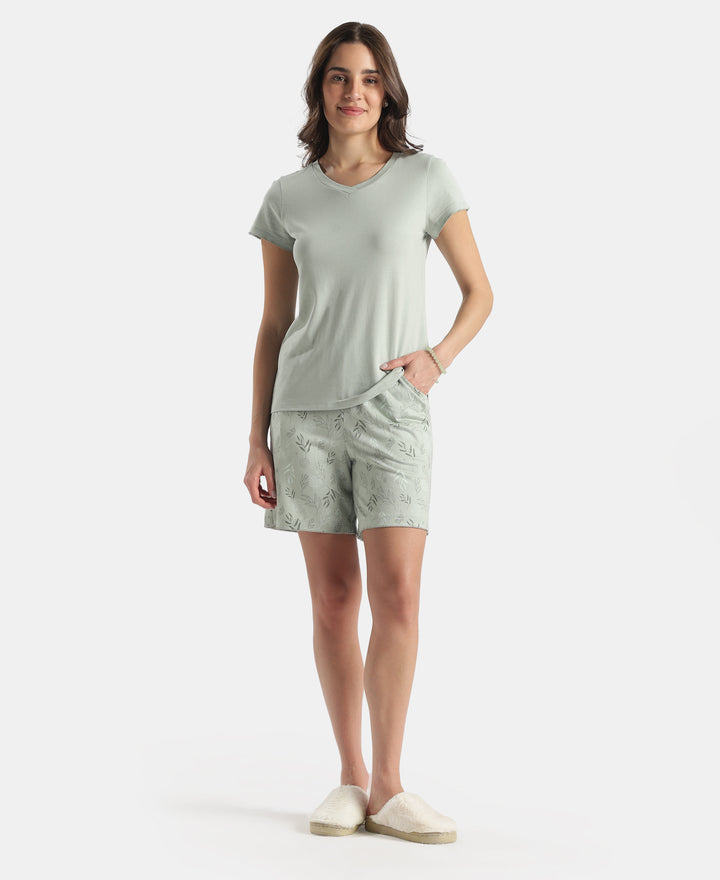Micro Modal Cotton Relaxed Fit Solid V Neck Half Sleeve Tshirt - Aqua Gray