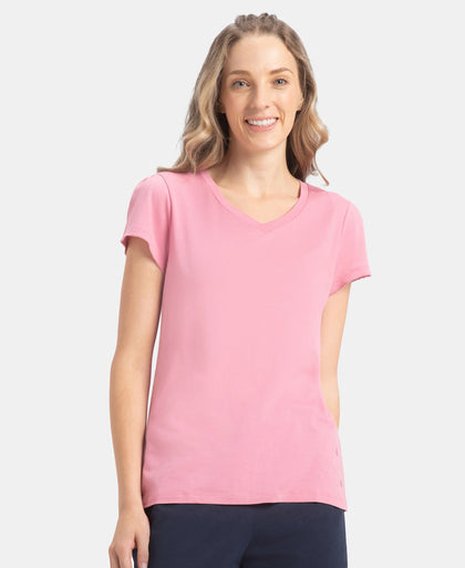 Micro Modal Cotton Relaxed Fit Solid V Neck Half Sleeve T-Shirt - Cashmere Rose