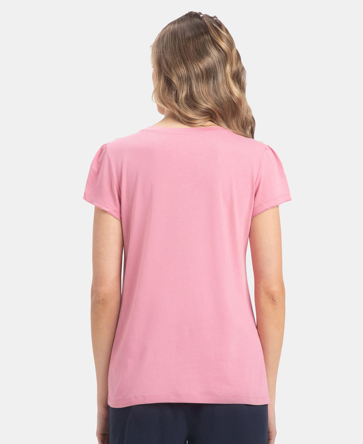 Micro Modal Cotton Relaxed Fit Solid V Neck Half Sleeve T-Shirt - Cashmere Rose