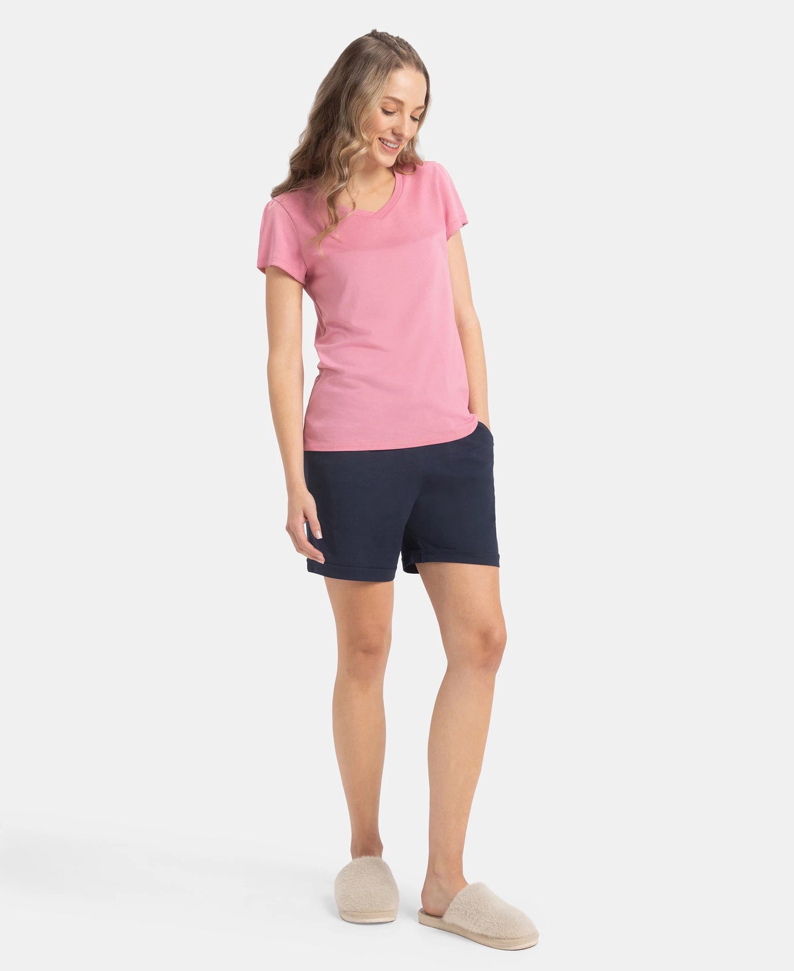 Micro Modal Cotton Relaxed Fit Solid V Neck Half Sleeve T-Shirt - Cashmere Rose