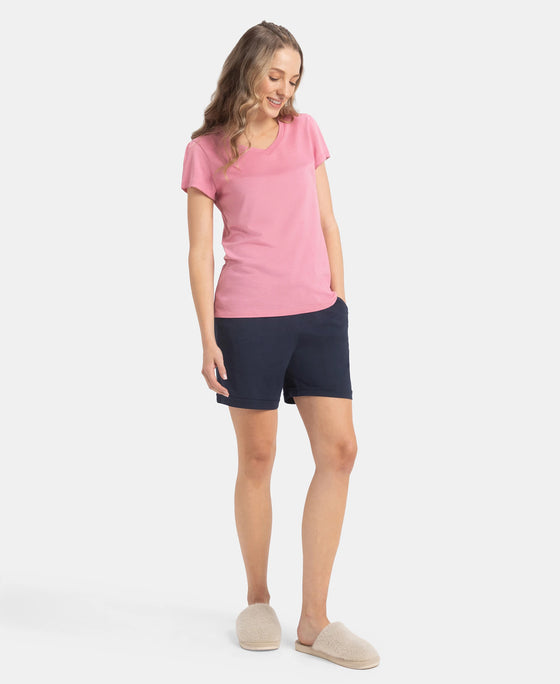 Micro Modal Cotton Relaxed Fit Solid V Neck Half Sleeve T-Shirt - Cashmere Rose