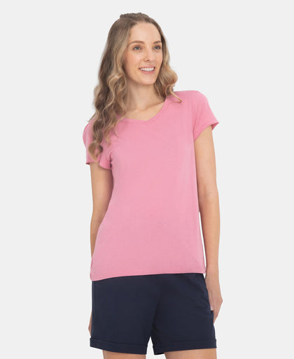 Micro Modal Cotton Relaxed Fit Solid V Neck Half Sleeve T-Shirt - Cashmere Rose