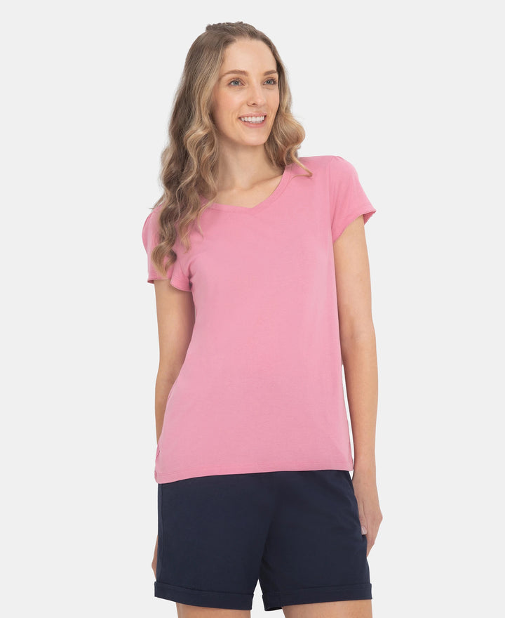Micro Modal Cotton Relaxed Fit Solid V Neck Half Sleeve T-Shirt - Cashmere Rose