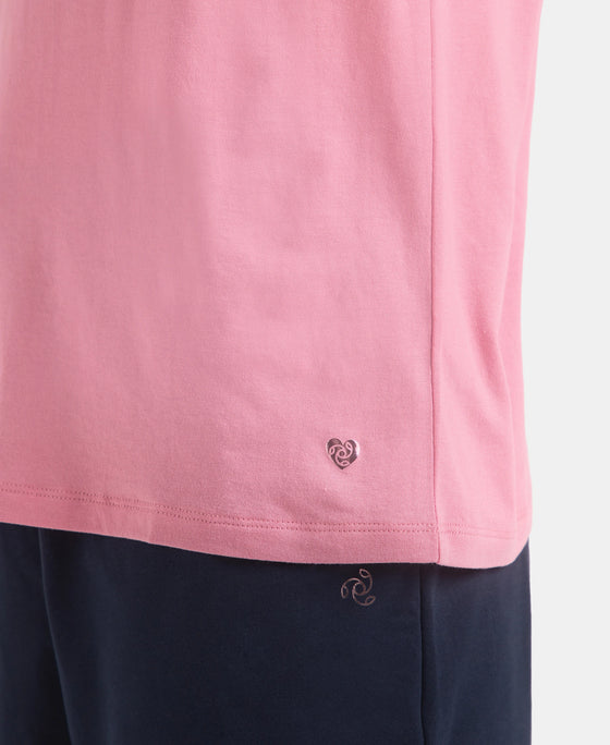 Micro Modal Cotton Relaxed Fit Solid V Neck Half Sleeve T-Shirt - Cashmere Rose