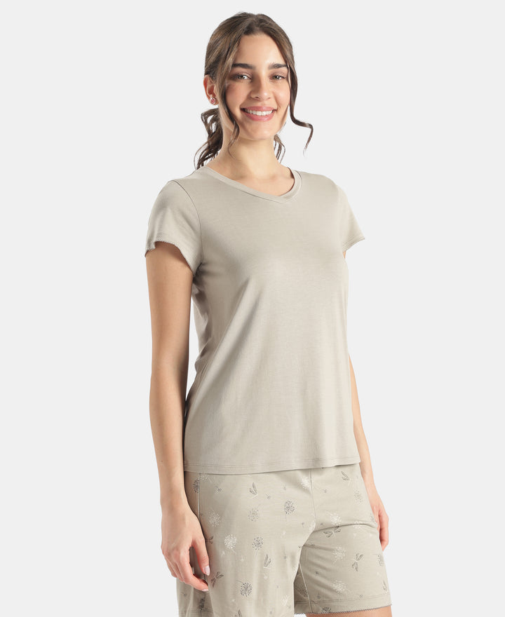 Micro Modal Cotton Relaxed Fit Solid V Neck Half Sleeve Tshirt - London Fog