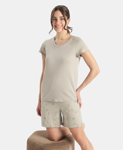 Micro Modal Cotton Relaxed Fit Solid V Neck Half Sleeve Tshirt - London Fog