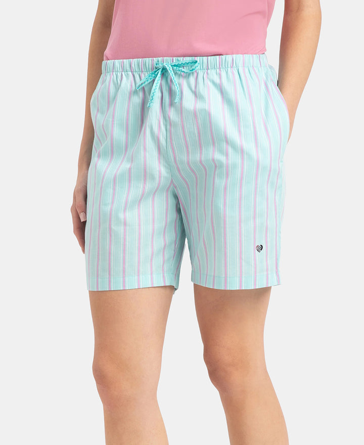 Super Combed Cotton Yarn Dyed Woven Relaxed Fit Striped Shorts with Side Pockets - Aqua Sky