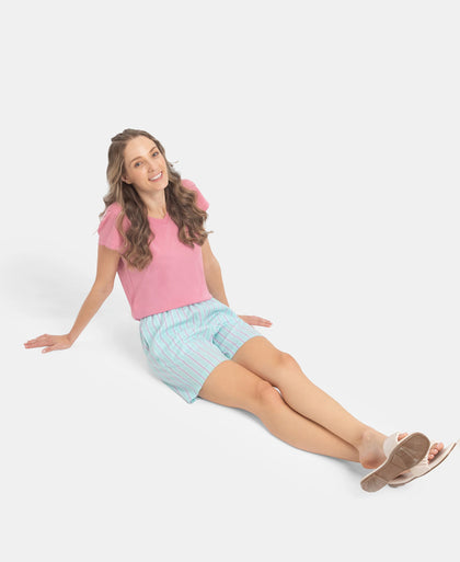 Super Combed Cotton Yarn Dyed Woven Relaxed Fit Striped Shorts with Side Pockets - Aqua Sky