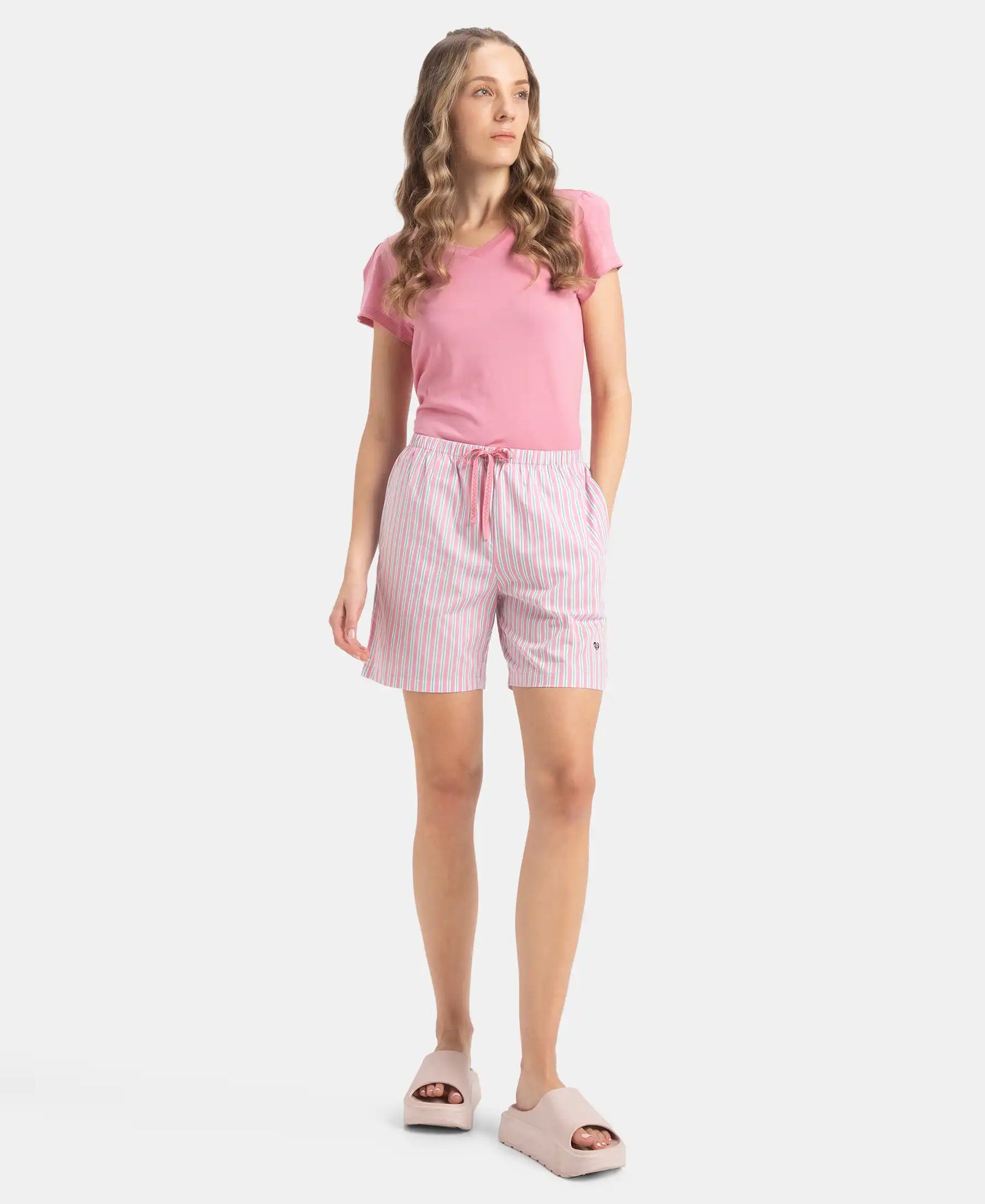 Super Combed Cotton Yarn Dyed Woven Relaxed Fit Striped Shorts with Side Pockets - Cashmere Rose