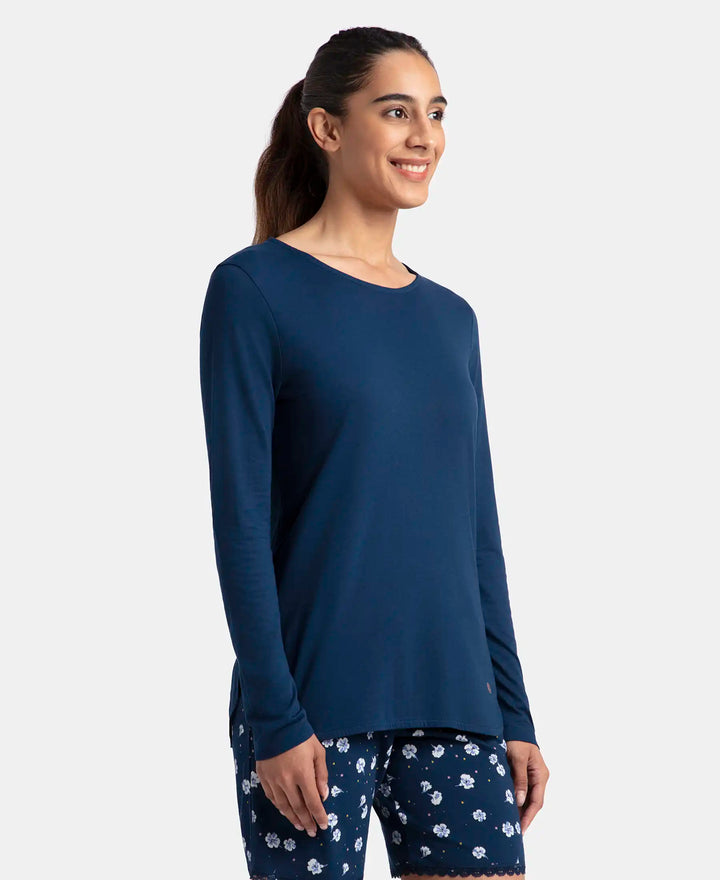 Micro Modal Cotton Relaxed Fit Solid Round Neck Full Sleeve T-Shirt with Curved Hem Styling - Pageant Blue
