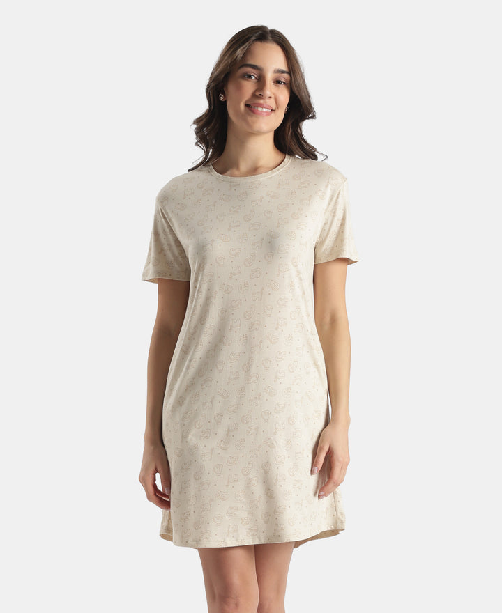 Micro Modal Cotton Ruffled Hem Styled Half Sleeve Printed Sleep Dress - Almond Milk