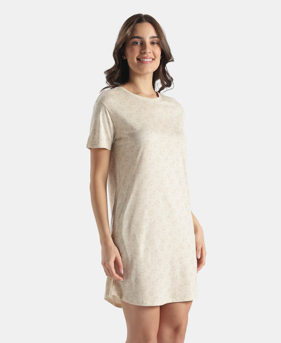 Micro Modal Cotton Ruffled Hem Styled Half Sleeve Printed Sleep Dress - Almond Milk