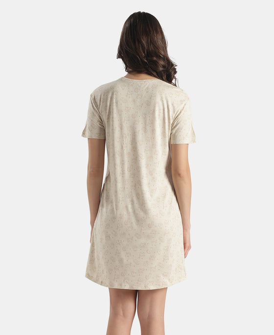 Micro Modal Cotton Ruffled Hem Styled Half Sleeve Printed Sleep Dress - Almond Milk